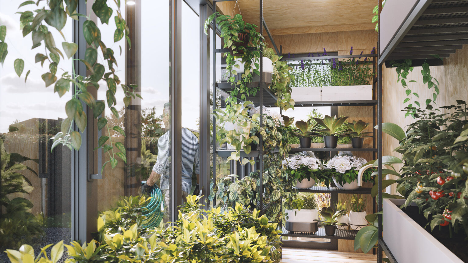 Frodig drivhus med blomster og planter
